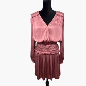 Current Air Long Sleeve Smocked Mini Dress Womens L Rose Pink Satin V-Neck Boho